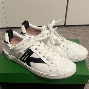 Kate Spade White Sneakers with Black Stripes, Size 7.5